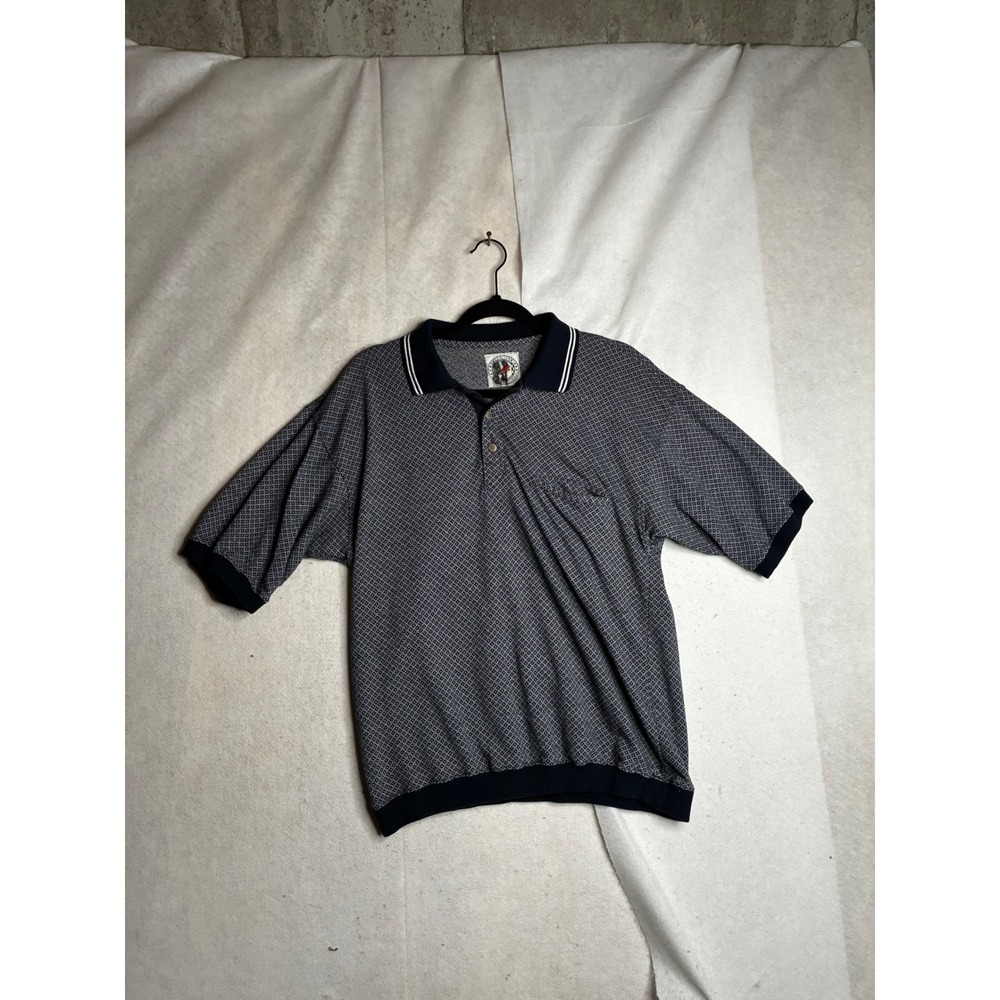 Greenline International Mens Blue Geometric Diamond Knit Polo Shirt Short Sleeve